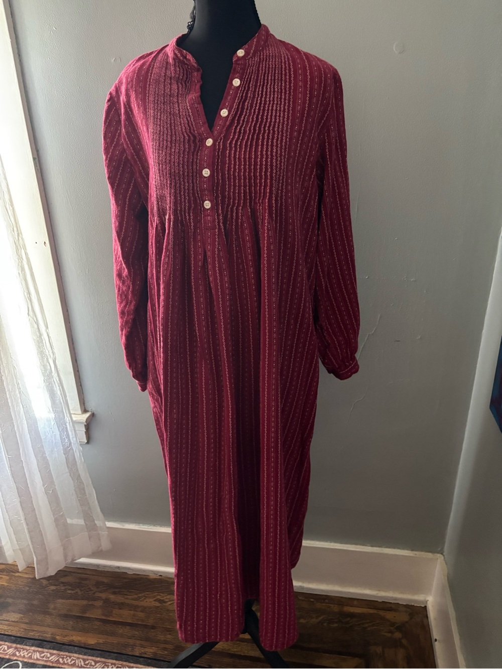 Vtg LL bean dobby pintuck womens S flannel nightgown red cottagecore prairie